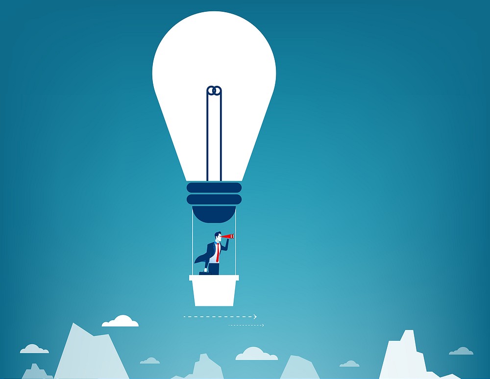 Businessman flying in the sky on hot air balloon. Looking over mountain peaks. Concept business illustration. Vector flat