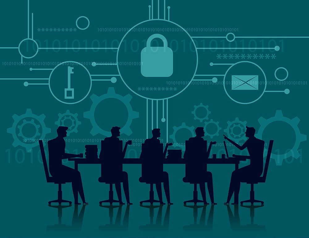 Cybersecurity. Business meeting security. Concept business illustration. Vector flat