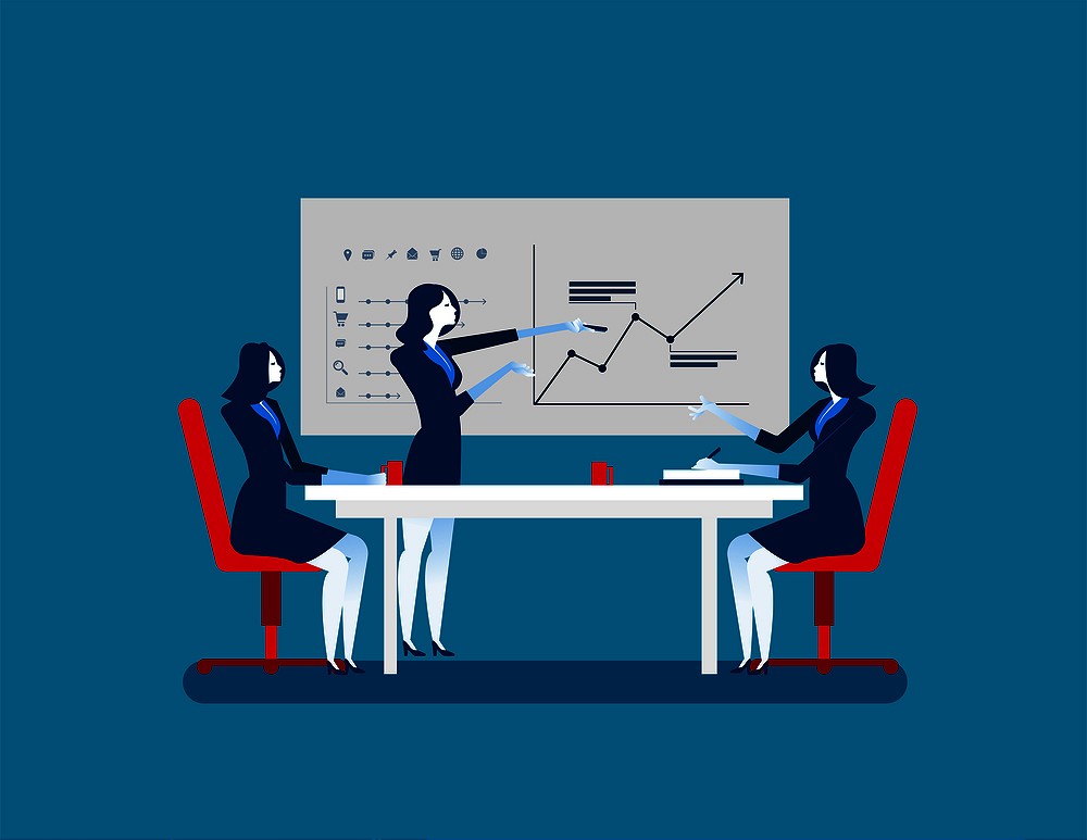 Businesswoman teamwork colleagues discuss future plans. Concept business character cartoon illustration. Vector office business flat