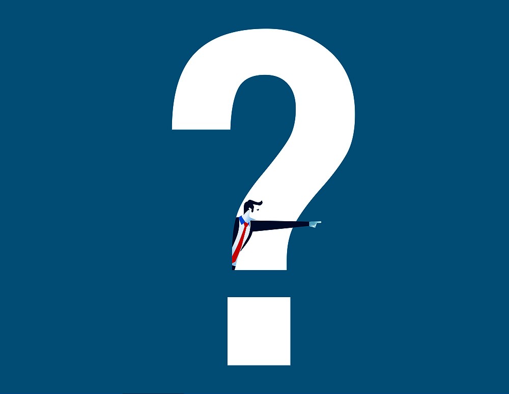 Businessman looking out from question mark and pointing to success. Concept success business illustration. Vector cartoon character and abstract