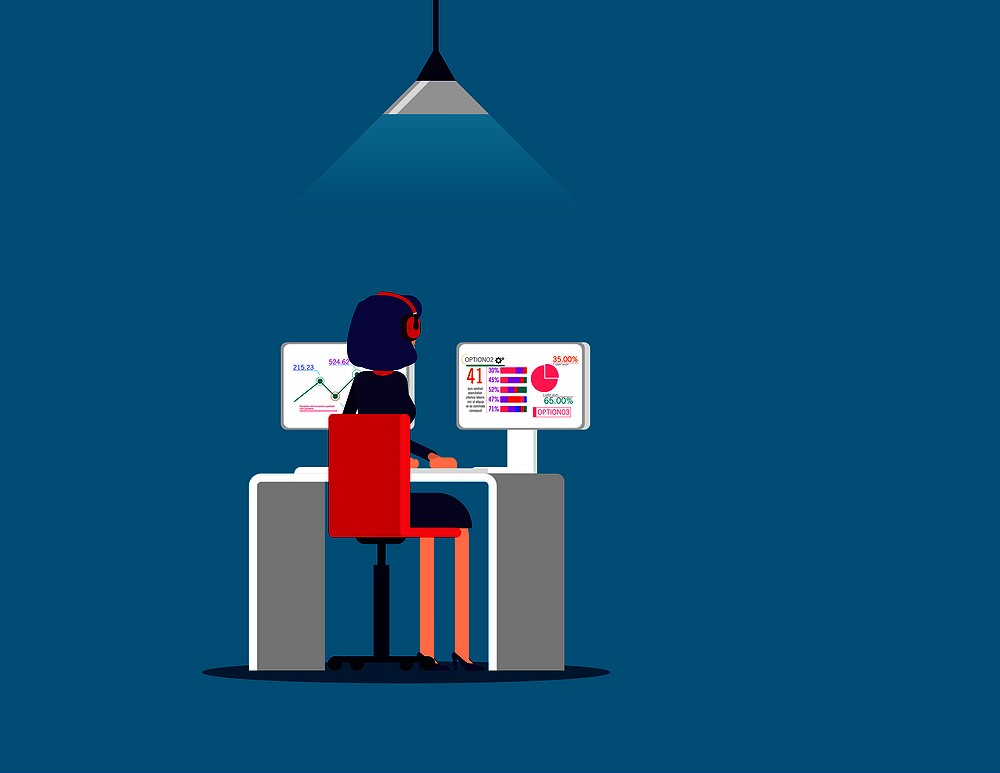 Young businesswoman working. Business analysis. Vector illustration character style.