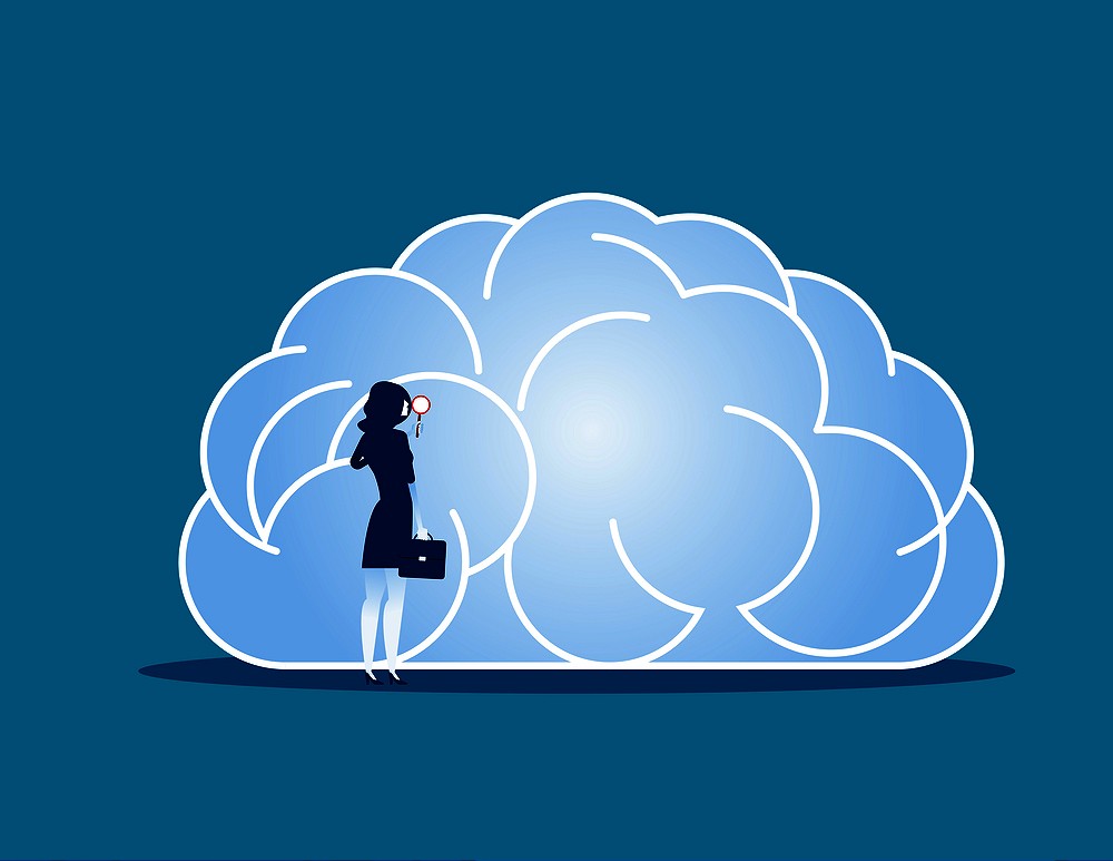 Businesswoman and brain searching. Concept business vector illustration.