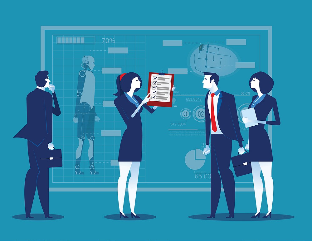 Business people with analysis results and presentation to partners. Concept business vector illustration.