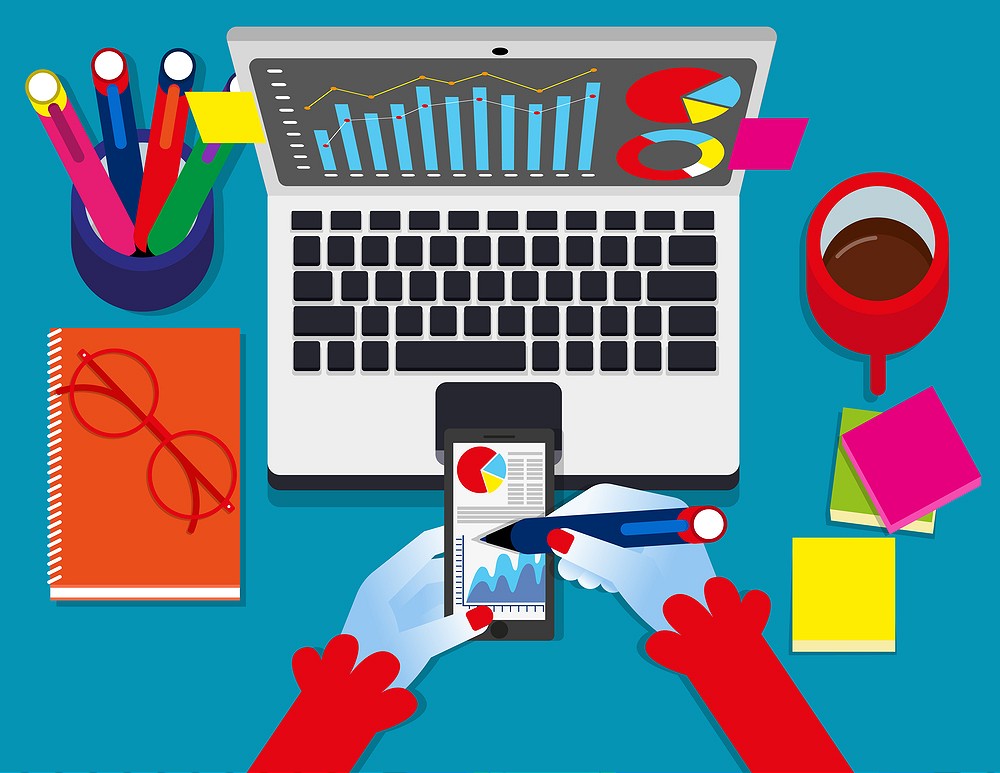 Data analytics. Business statistics information business technology, Concept business vector illustration, Top View, Flat business cartoon.