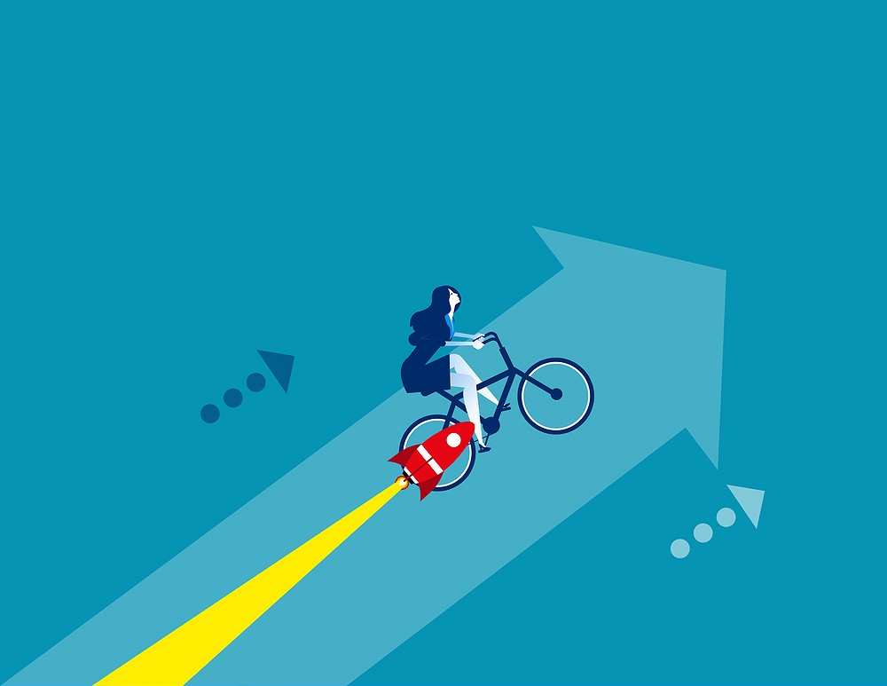 Growth, Businesswoman lifted by bicycle, Concept business vector illustration, Flat business cartoon design, Going Up, Speed, Performance.