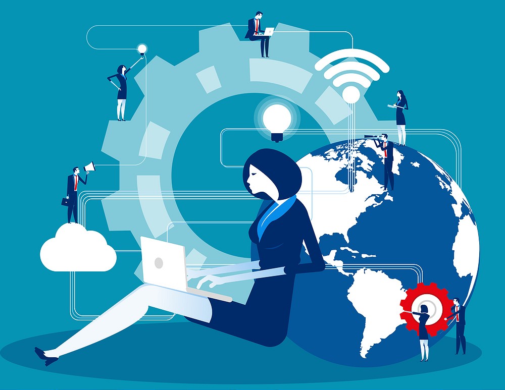 Business person filled with ideas thoughts and analytics, Concept business creative graphic vector illustration, Office people cooperation for company